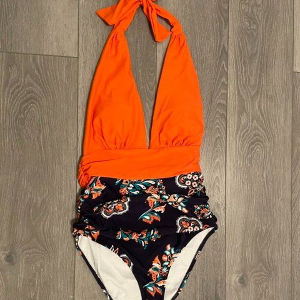 CUPSHE Orange & Blue Halter Top One-Piece with Floral Print Size S